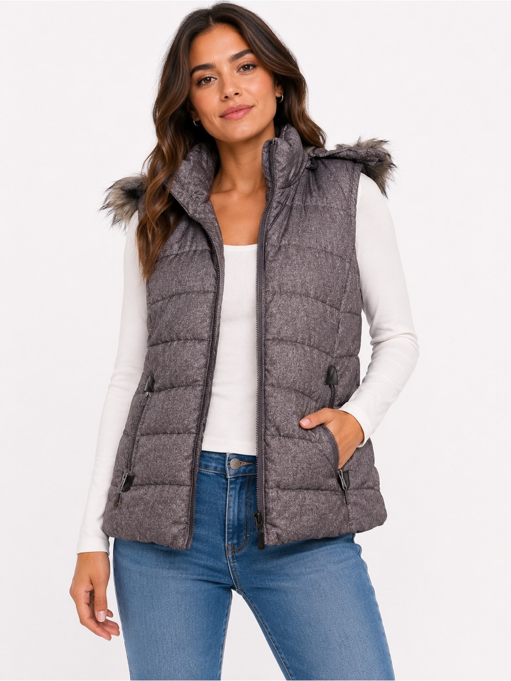 Green Tea Size Small Quilted Hooded Puffer Vest in Heathered Charcoal
